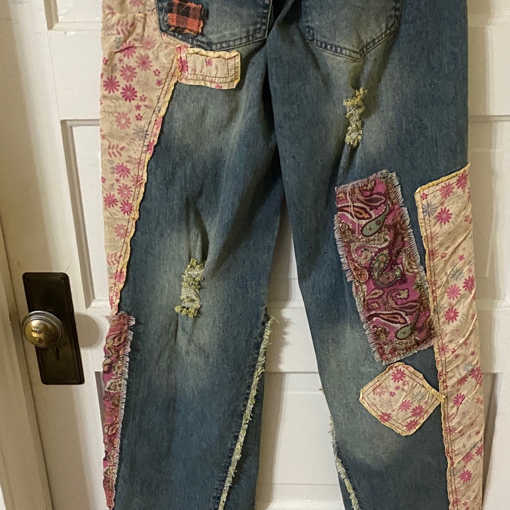 NWT Boho Patchwork Wide Leg Jeans | Floral Plaid Mixed Media Denim - Picture 6 of 9